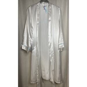 Secret Treasures White Satin Blue Embroidered Bride Robe w/belt - Size XL